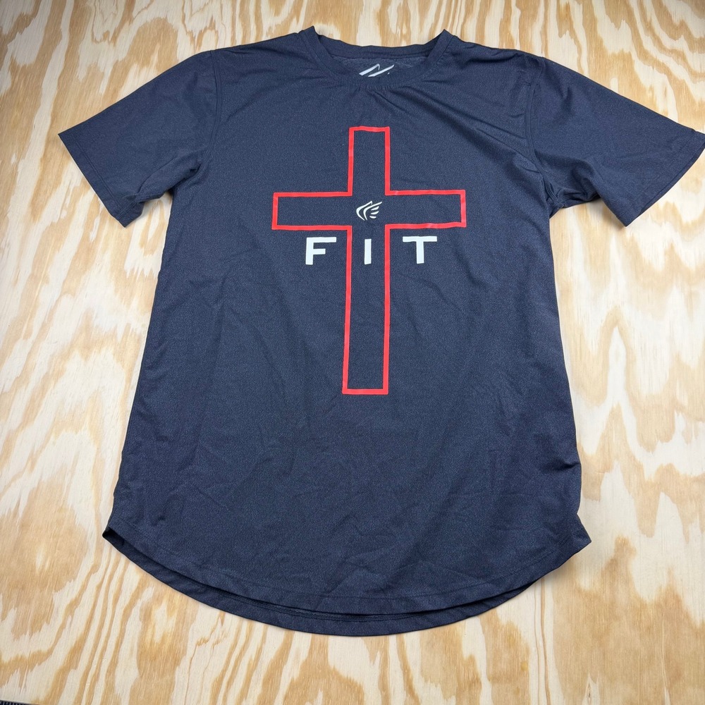 In Jesus Name I Play Mens Gray FIT Cross Graphic Performance T-Shirt Size M